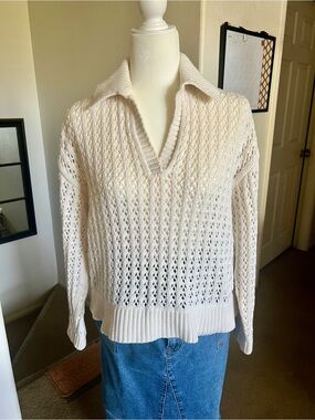 LOFT Cream Open-Knit V-Neck Collared Sweater